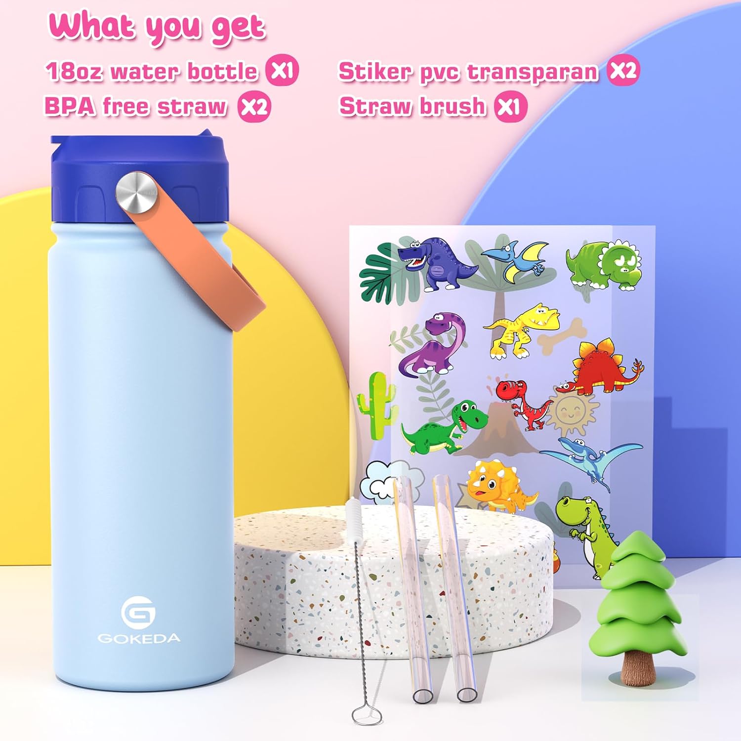 GoKEDA 18oz Kids Water Bottle, Insulated Water Bottles with Stickers, 18/8 Stainless Steel Vacuum Leak Proof Straw Cup for School, Gifts for Boys(Light Blue) - Image 2