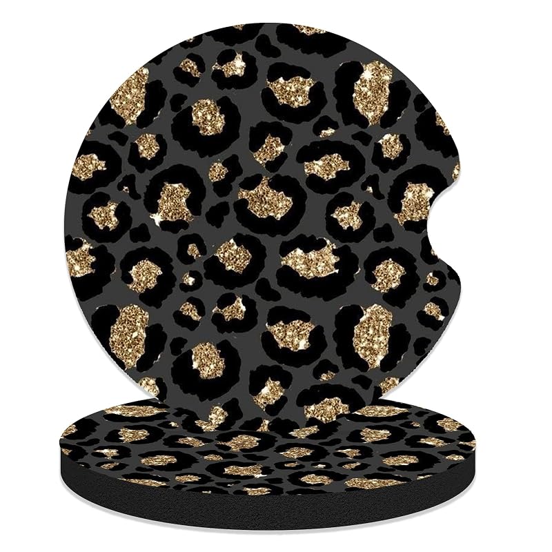 Porta-Copos Automotivo de Borracha com Estampa Leopardo Preto e Dourado FJyuanqi, 2 unidades