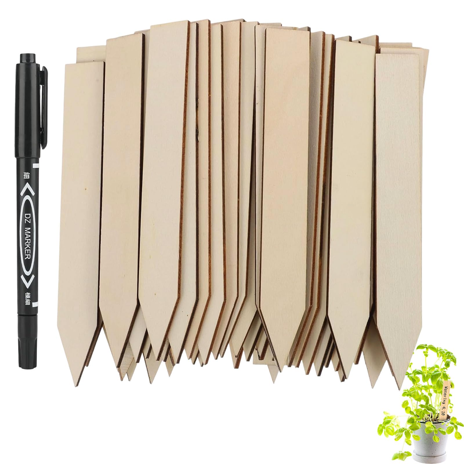 DAQUN 50 Pcs Wooden Plant Labels, Plant Markers & Labels Wood, Garden Name Tags with 1 Marker Pen for Outdoor Plants Garden Markers for Potted Herbs Flowers Vegetables