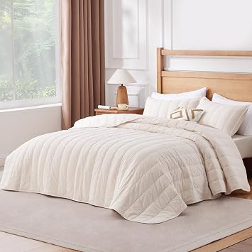 ALPHA HOME Cotton Lightweight Coverlet Set, King | 3 PCS, beige, striped, soft, all-season, machine washable, modern style