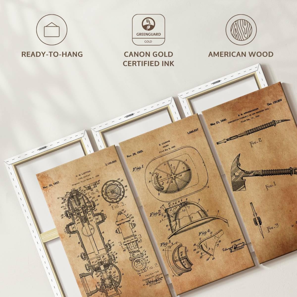 ElephantStock Firefighter Equipment Patents Wall Art, 3-Piece Industrial Decor, Ready-to-Hang Blueprint Wall Art, Industrial Wall Decor and Professions Patent Prints Wall Art for Men - 38" X 24"