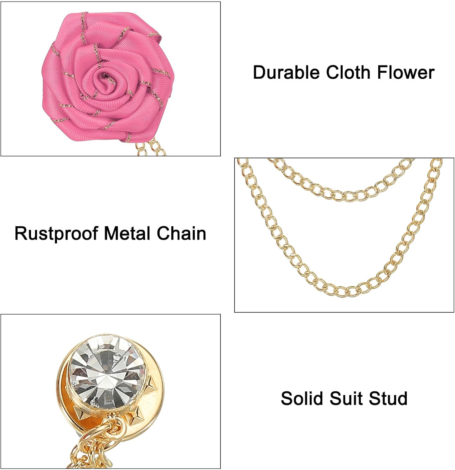 MECCANIXITY Bridegroom Brooches Rose Flower Size Cloth Alloy Lapel Pin with Tassel Chain/Suit Stud/Gold Trim for Wedding Men' Suit Accessories
