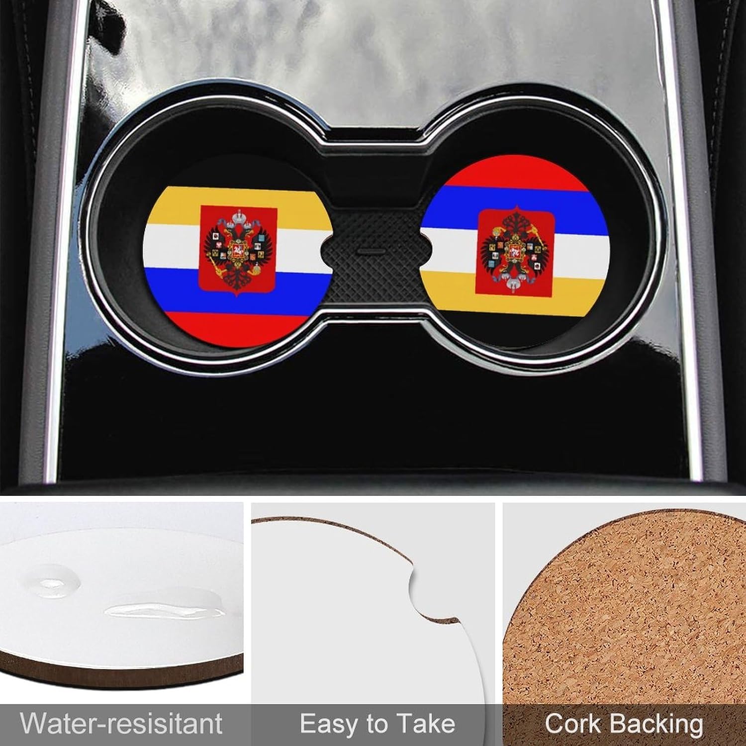 Flag of Russia Cute Car Coasters 2.56 Inch Absorbent Cup Holder for Drinks Auto Interior Accessories