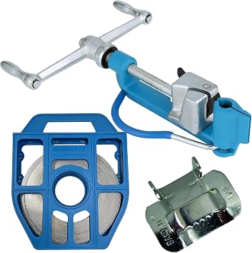 BAND-IT Stainless Steel Banding Tool Bundle Includes C00169 Tensioner with Cutter, C25499 1/2" Ear-Lokt Buckles 100/Box, and C204B9 1/2" x 100 ft 201 SS Band Roll in Blue Tote
