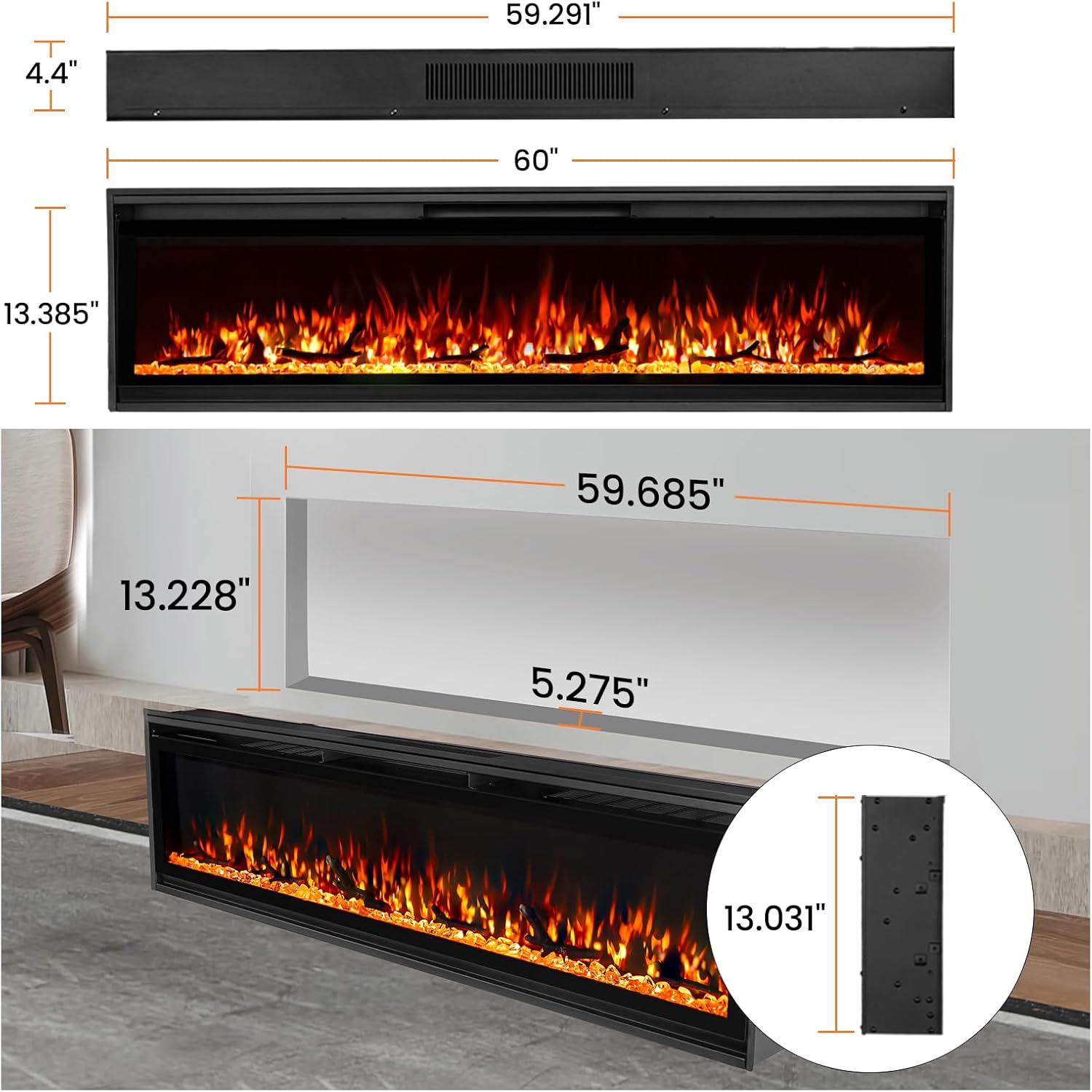 TUAN Electric Fireplace Inserts, Ultra Thin Wall Mounted Fireplace with Remote Control, Multicolor Realistic Flame, Touch Screen, Thermostat, Timer, 750w/1500w (Log & Crystal Included) (60 inch)