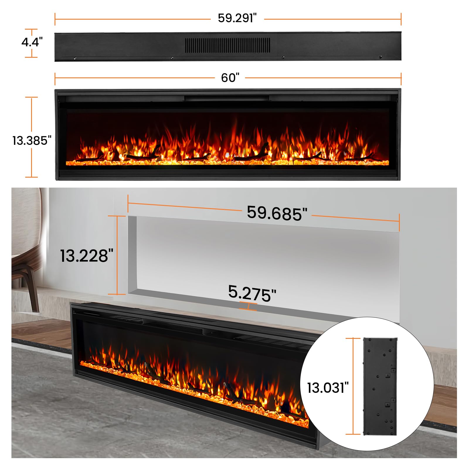 Chimenea eléctrica de 60 pulgadas, chimenea ultrafina montada en la pared con control remoto, llama realista multicolor, pantalla táctil, termostato, temporizador, 750 W/1500 W (tronco y cristal 6
