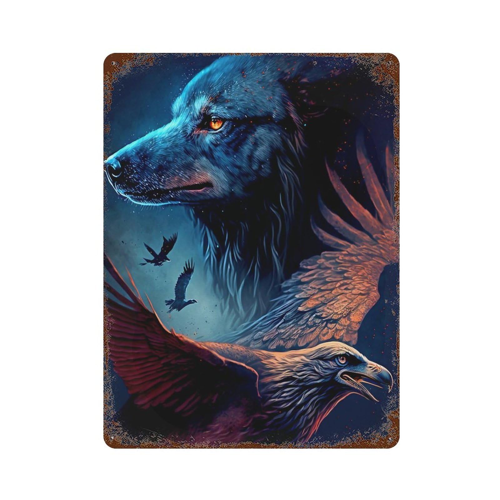 Wolf And Eagle 15.7"x11.8" Distressed Metal Wall Sign, Shabby Chic Decor for Shed, Workshop And Garage Wall Decor