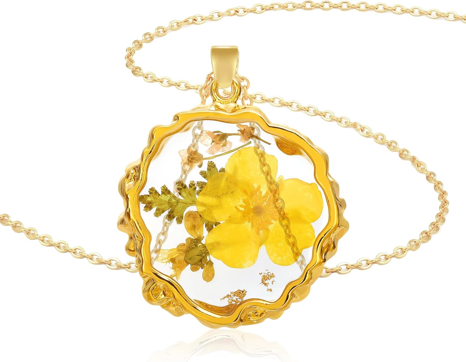 LETFLY Birth Flower Necklaces for Women, 18K Gold Plated Irregular Shaped Handmade Floral Pendant, Pressed Flower Necklace Jewelry Gifts