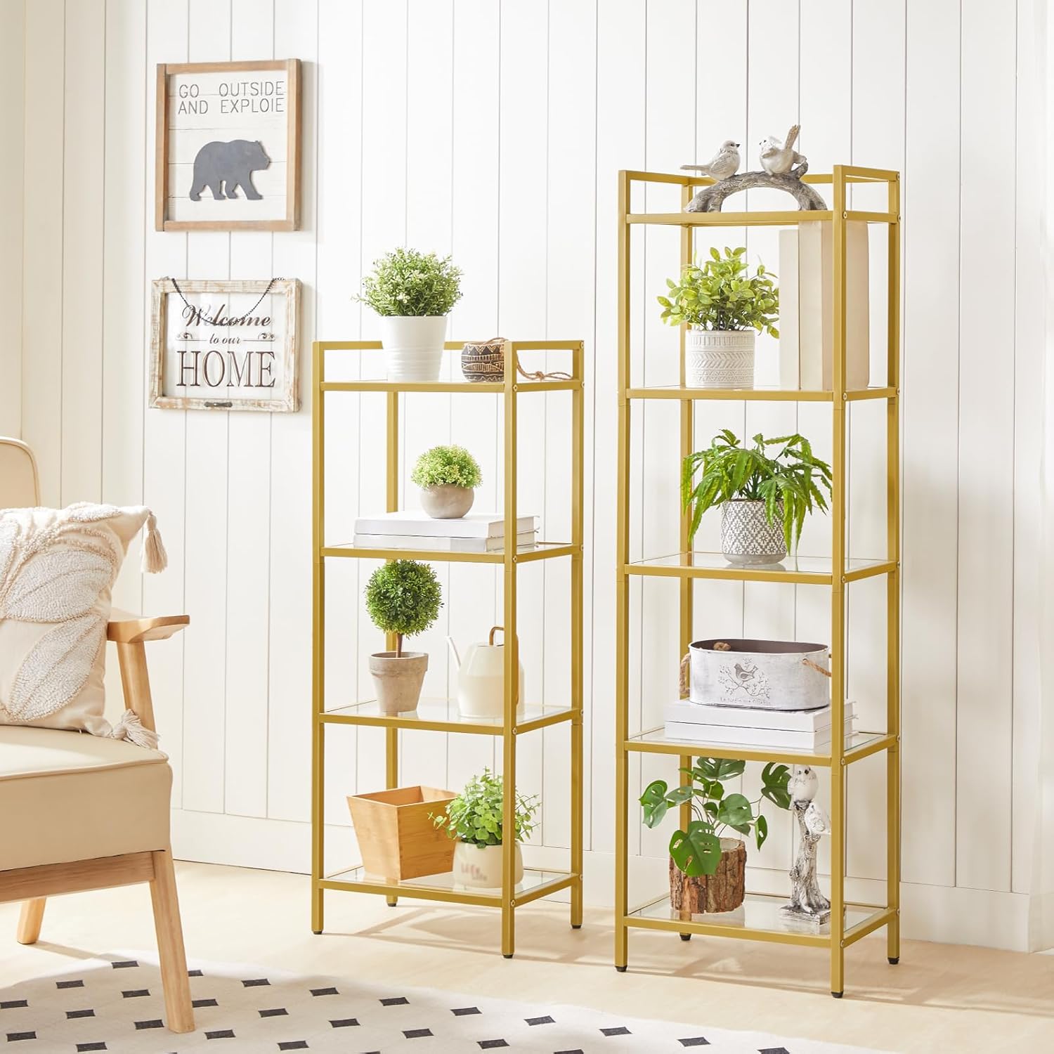 HOOBRO 5-Tier Gold Shelf, Narrow Book Shelf, Display Cabinet with Glass Bookcase, Corner Shelf Storage for Small Spaces, for Home Office, Living Room, Bedroom, Gold GD45SJ01 - Image 9