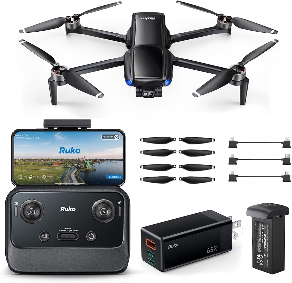 Ruko U11MINI 4K, Drone de bolsillo de menos de 249 g con cámara para adultos Foto 8K Vídeo 4K/30fps y cargador USB C Ruko PD65W