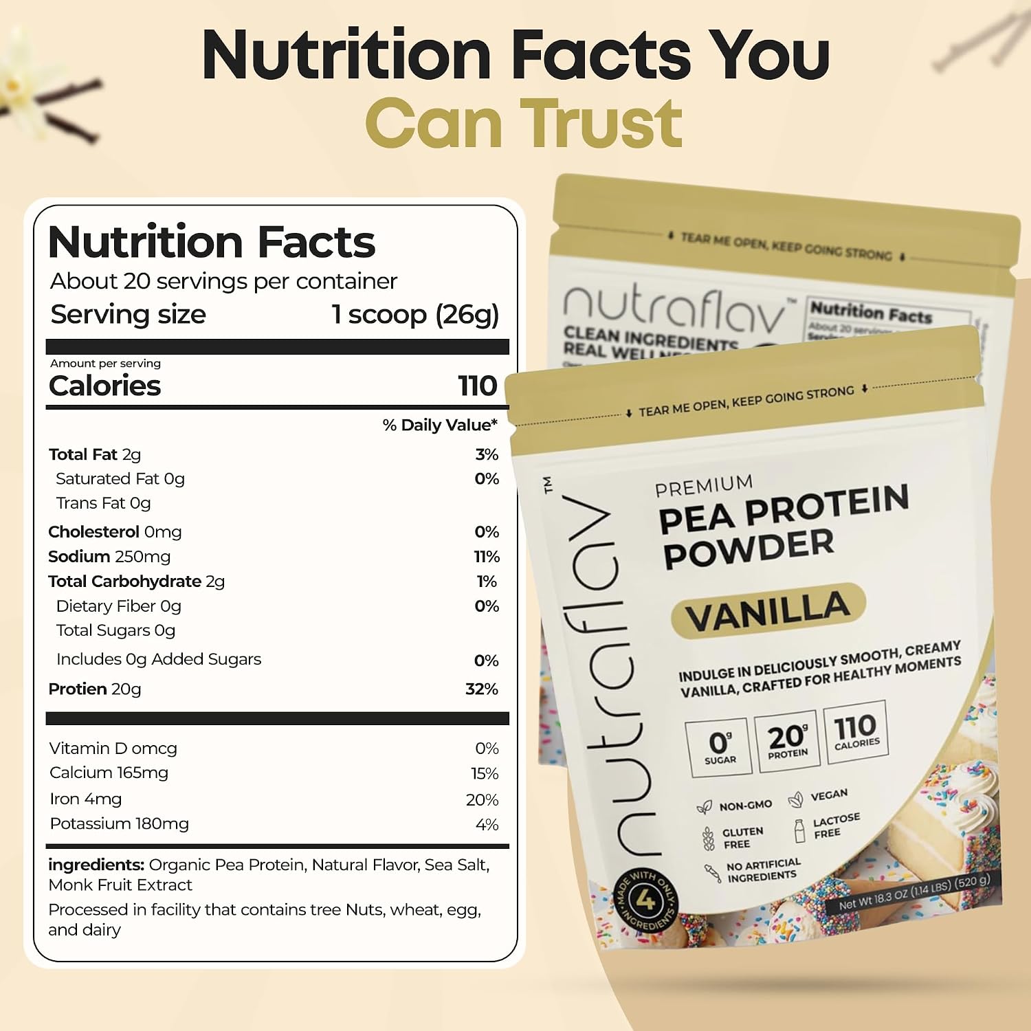Vegan Vanilla Protein Powder - Plant Based Pea Protein Powder - 20g Protein Per Serving with 4 Ingredients - Iron-Rich, Easy to Digest - No Added Sugar - Great for Smoothies and Recipes - 20 Servings