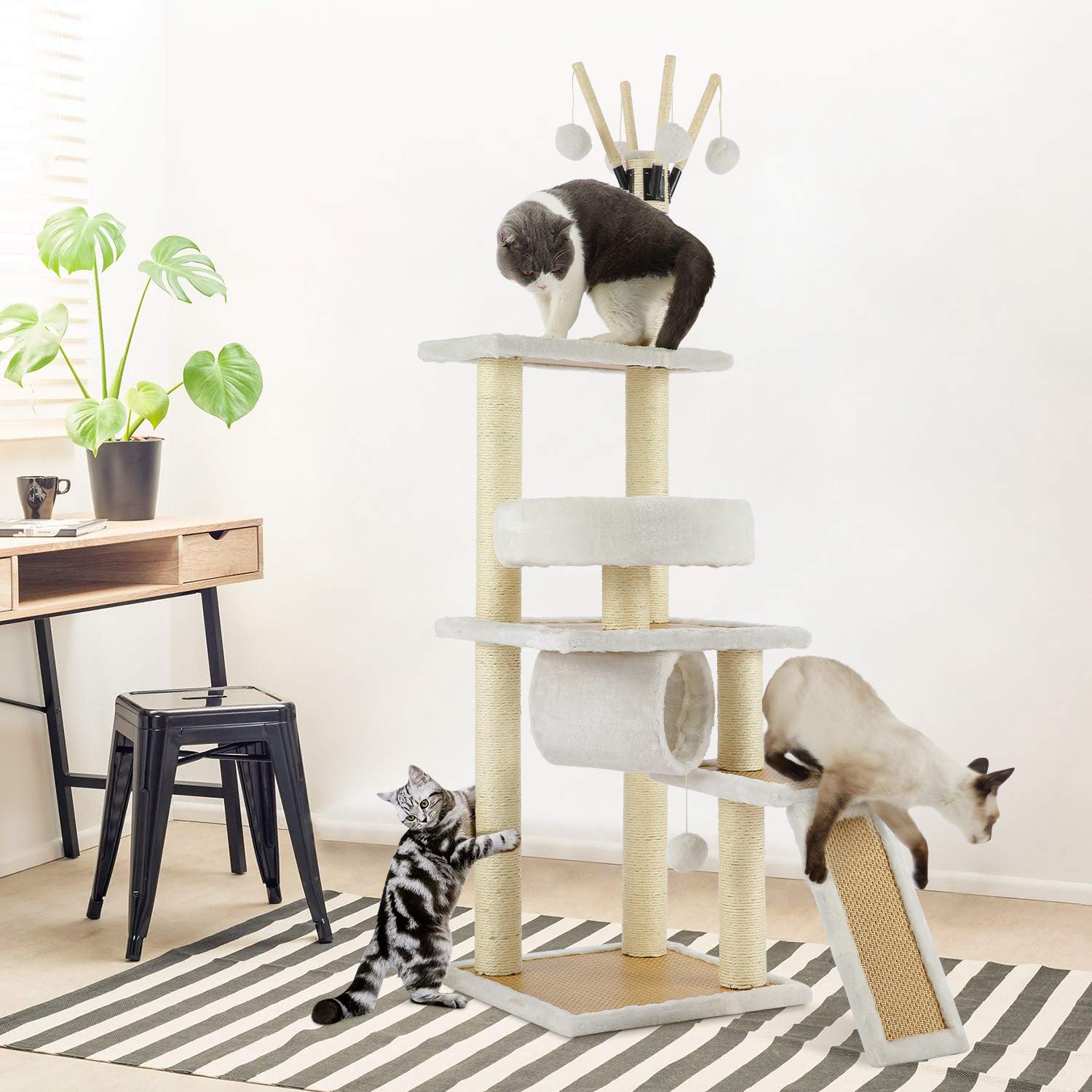 Himimi 56'' Cat Gym Tower Natural Tall Scratching Post Cat Condo No Carpet Activity Trees, Cat Scratch Post Stand with Bed, Kitten Tree with Sisal, Ramp, Cradle, Ball Toy, Tunnel- Bearing 17 lbs Cats