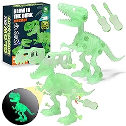 TEUVO Luminous Take Apart Dinosaur Fossil Toys with 2 Screwdrivers, 2 Packs Dinosaurs Toys Glow in The Dark Construction Dinosaurs Skeletons Building Toys, STEM Learning Gift for Kids Aged 3-9