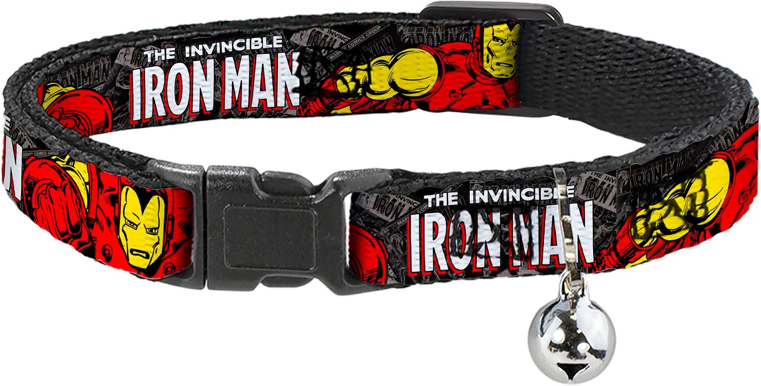 Marvel Comics Breakaway Cat Collar | The Invincible Iron Man Stacked Comic Books Action Poses Durable Adjustable Bell ID Tag Ring