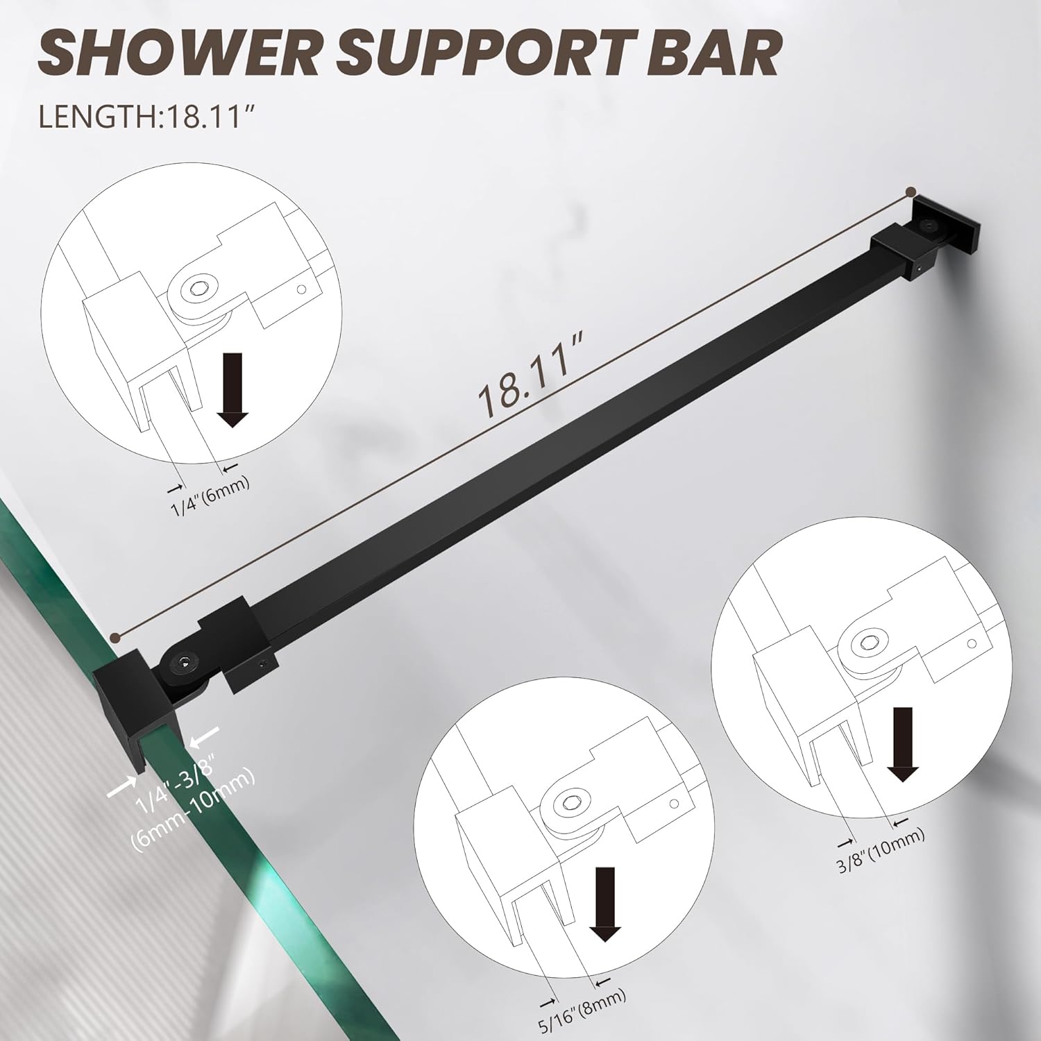 Shower Glass Door Support Bar, Wall-to-Glass Brace for 1/4"(6mm), 5/16"(8mm), 3/8"(10mm) Frameless Glass Panel, 18 Inch Long Stainless Steel Shower Rod, Matte Black