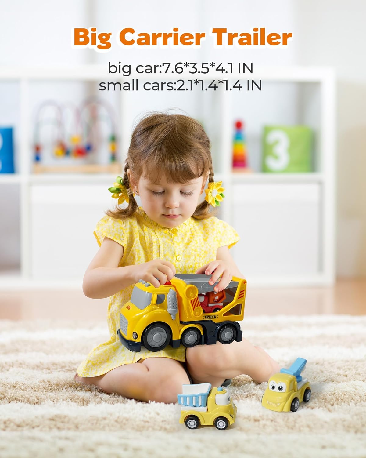 Construction Car Carrier Toys Set for 3 4 5 6 Years Old Toddlers Boys & Girls Gift, 4 Small Cartoon Cute Cars Trucks Crane Mixer Excavator Dump, Sound and Light Big Truck with Slide, 7.6*3.5*4.1 INCH - Image 5