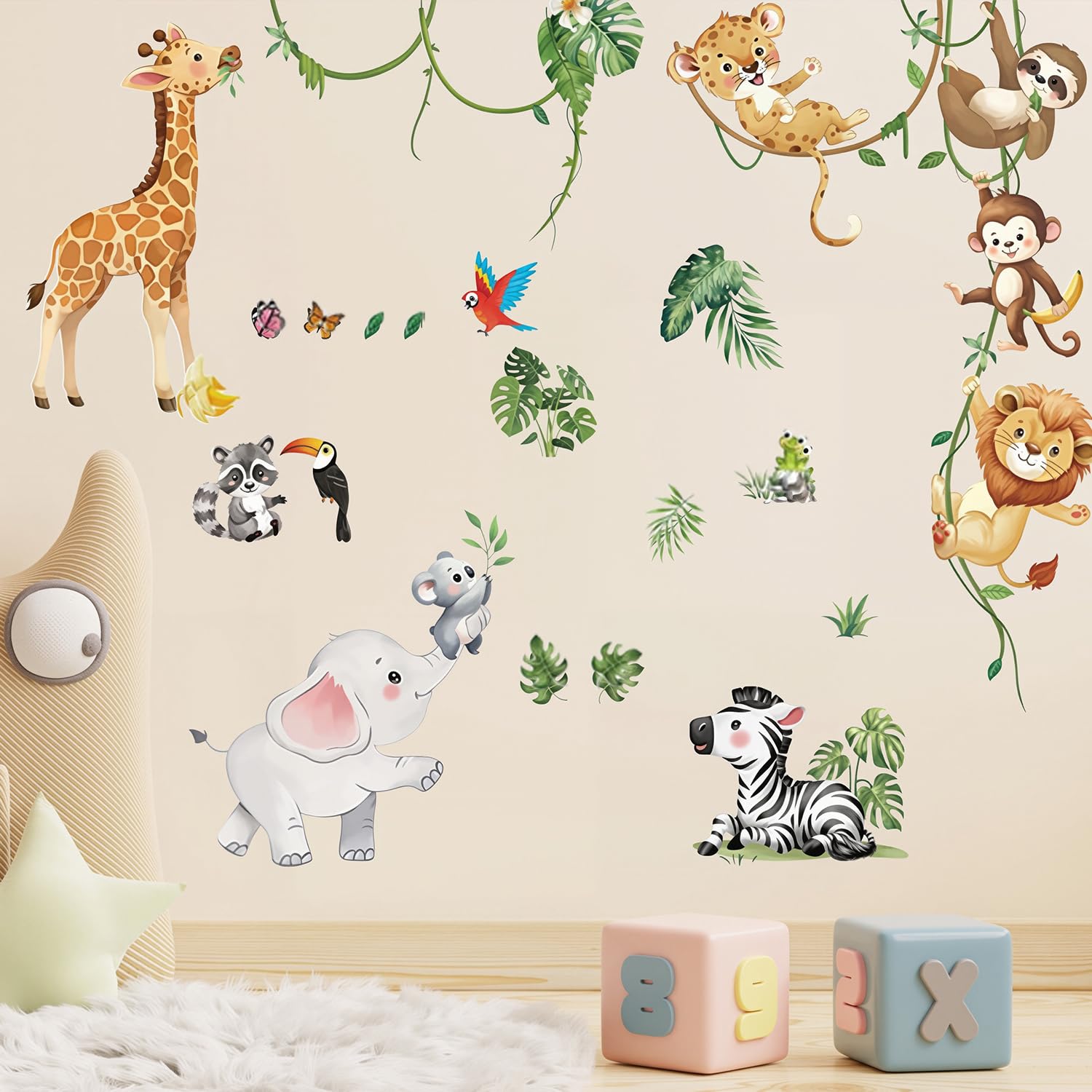 Safari Animal Wall Stickers, Kids Wall Stickers, Animal Stickers, Removable Nursery Wall Stickers, Jungle Safari Animals Wall Decals with Giraffe Elephant Lion, Baby Nursery Decor for Kids Bedroom