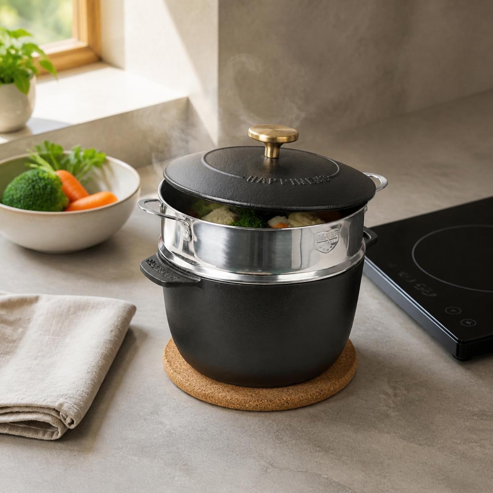 Olla de Hierro Fundido Olla para Estofado Caldera Cazuela Que Retiene y Tamaño Manejable y Compacto para Hervidos y Estofados Apta para Inducción y, color to 1, 20cm Con Vaporera