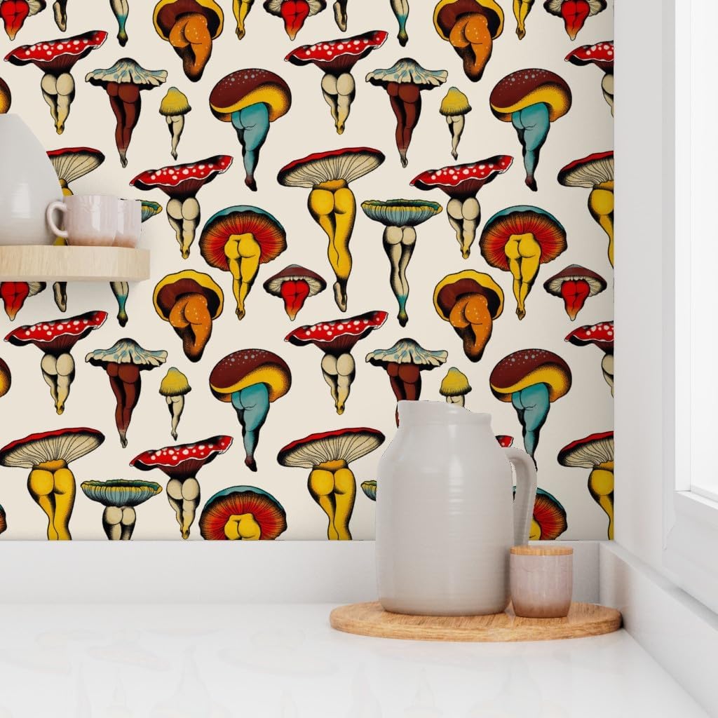 Removable Wallpaper 9ft x 2ft - Mushroom Booty Vintage Cute Kitsch Cottagecore Colorful Retro Custom Pre-Pasted Wallpaper by Spoonflower