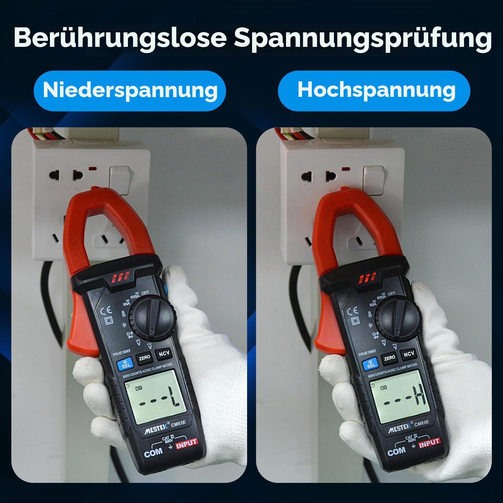 Stromzange MESTEK Multimeter AC/DC, True-RMS 6000 Counts Auto Range Strommesszange, Zangenamperemeter Amperemeter Voltmeter Misst Spannung Strom Temperatur Widerstand Kapazität Diode Kontinuität NCV