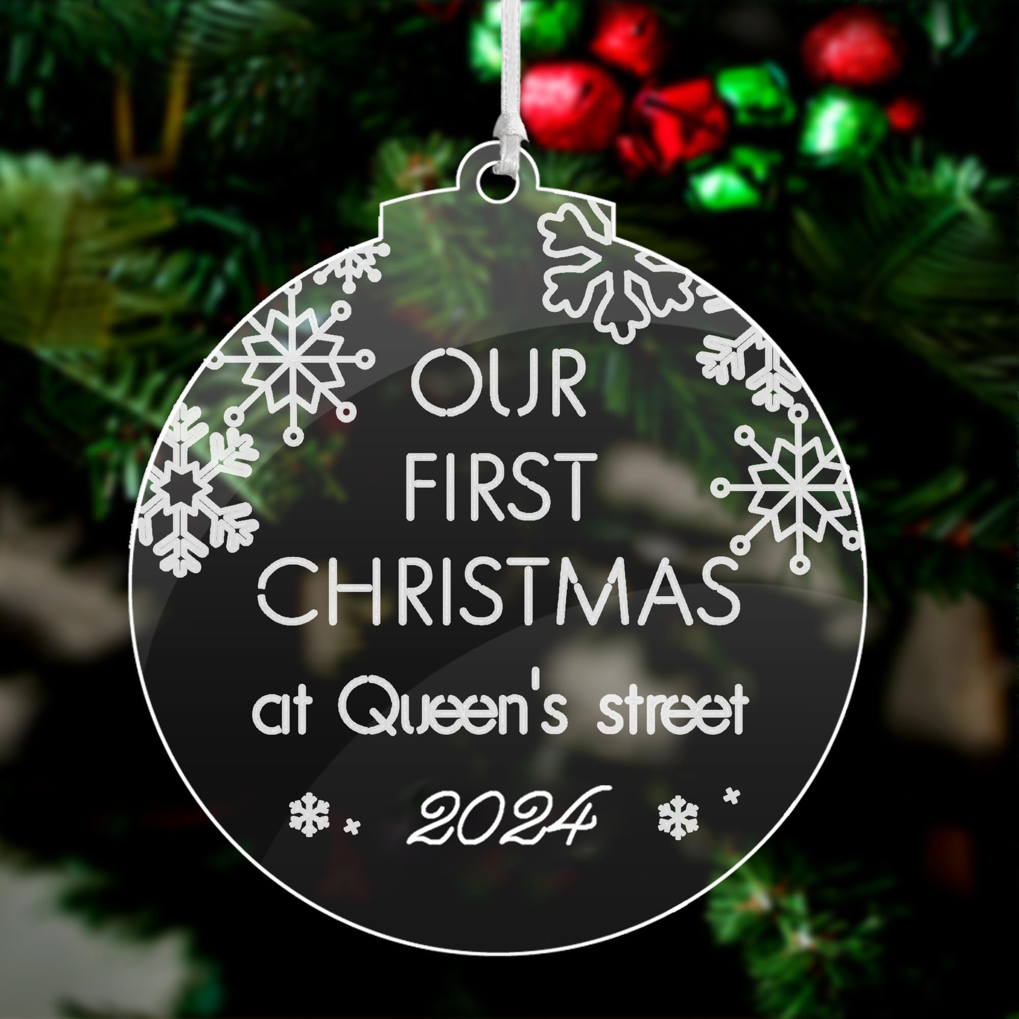 Personalised First Christmas Bauble Engraved Acrylic Xmas Decorations Custom Xmas Tree Ornaments with Any Name Text for Baby Family Home Santa Gift at 2024 Lockdown Year (Round)