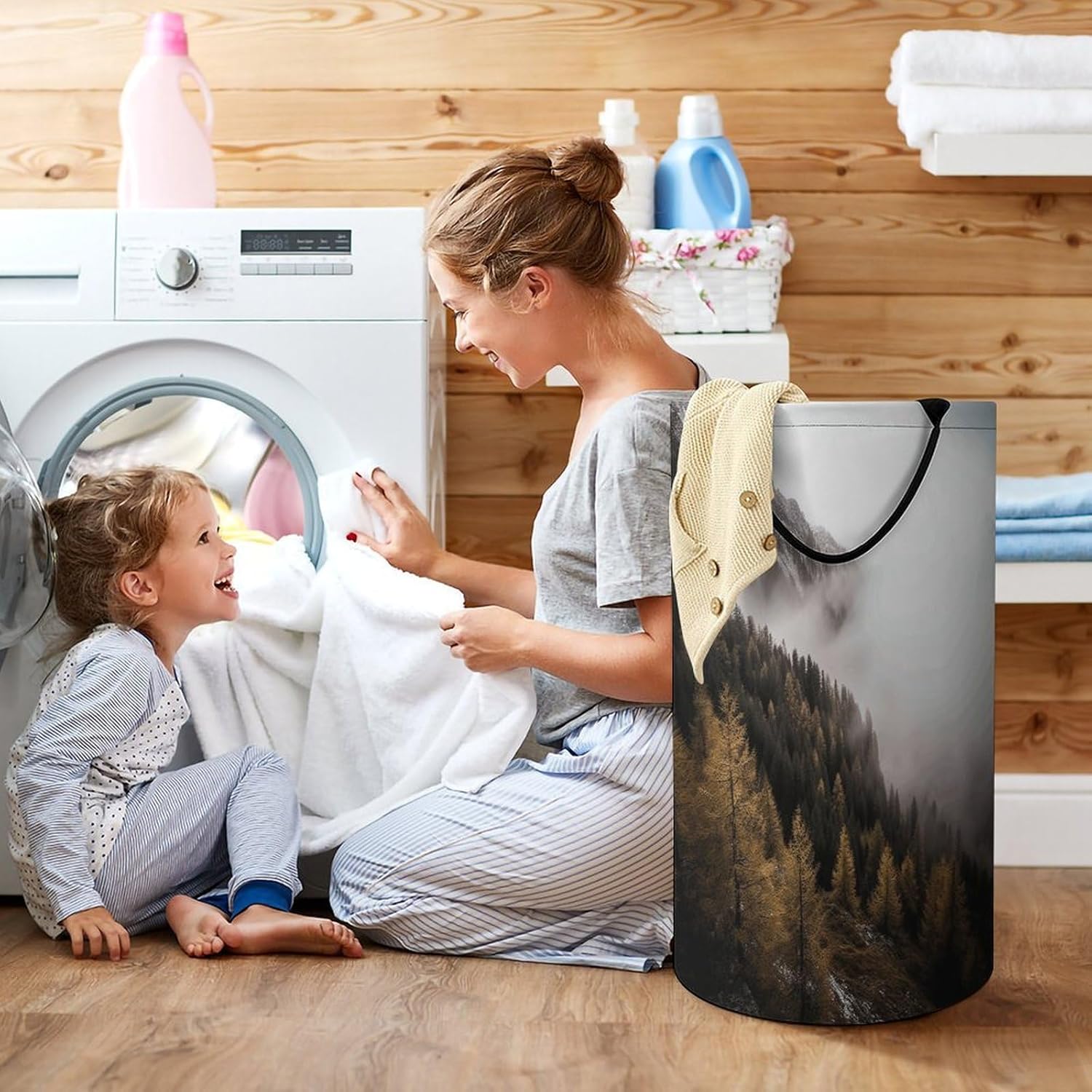 Landscape of Trees And Mountain Surrounded by Fog Laundry Hamper Large Collapsible Laundry Basket with Handles Waterproof Clothes Hamper Portable Dirty Clothes Basket for Bedroom Laundry Room Closet B