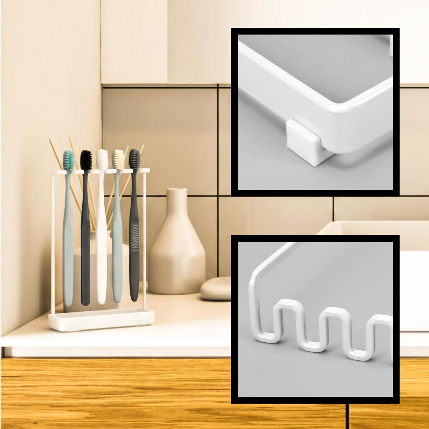Stainless Countertop Toothbrush Holders Stand, Rustproof Bathroom Organizer with 5 Ventilated Slots to Hold Manual Toothbrushes and Razor, Metal Storage Collection for Family, Suitable for Home Vanity