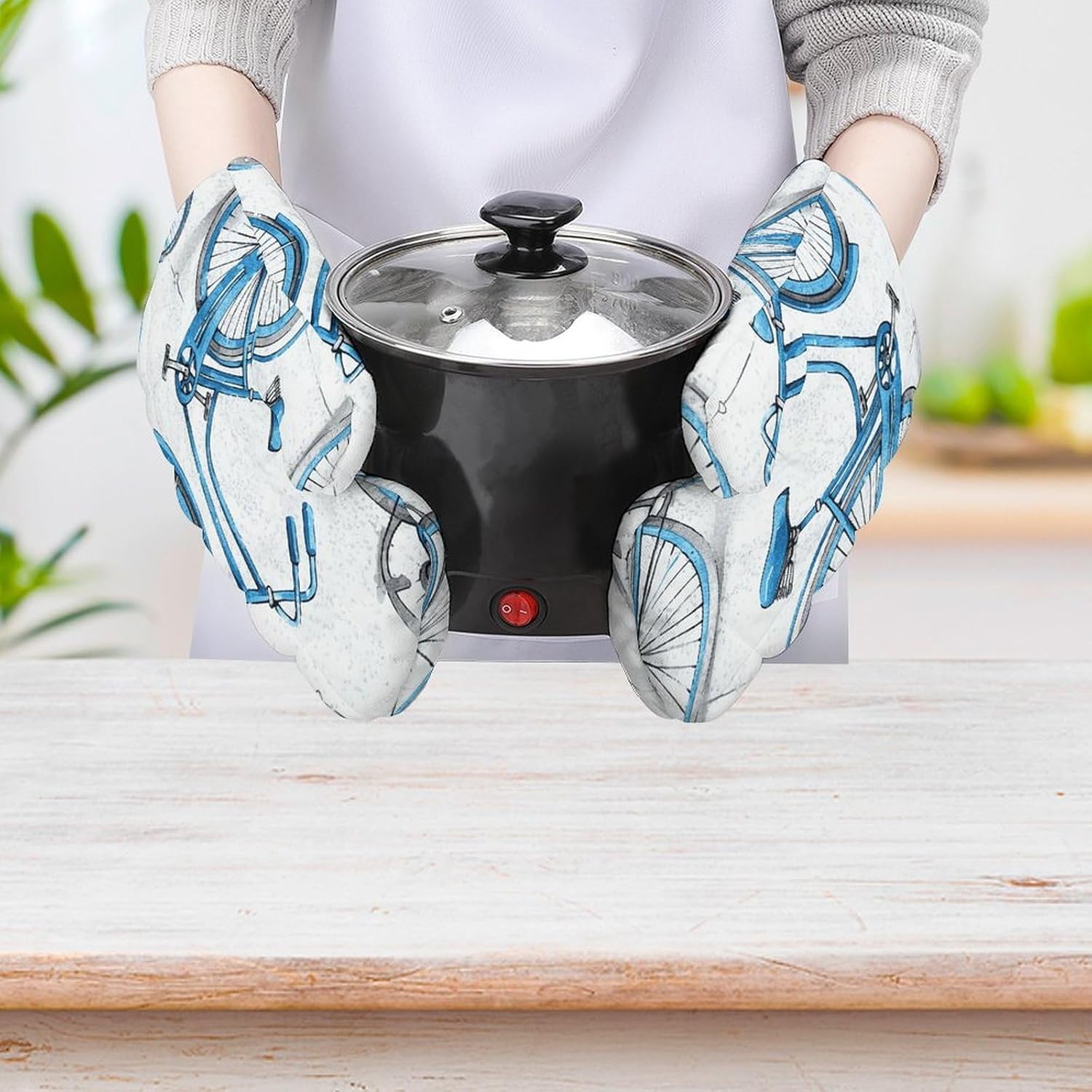 2 Pcs Oven Mitts Heat Resistant Kitchen Gloves Soft Safety Blue Bicycle Oven Glove for Microwave, Barbecue