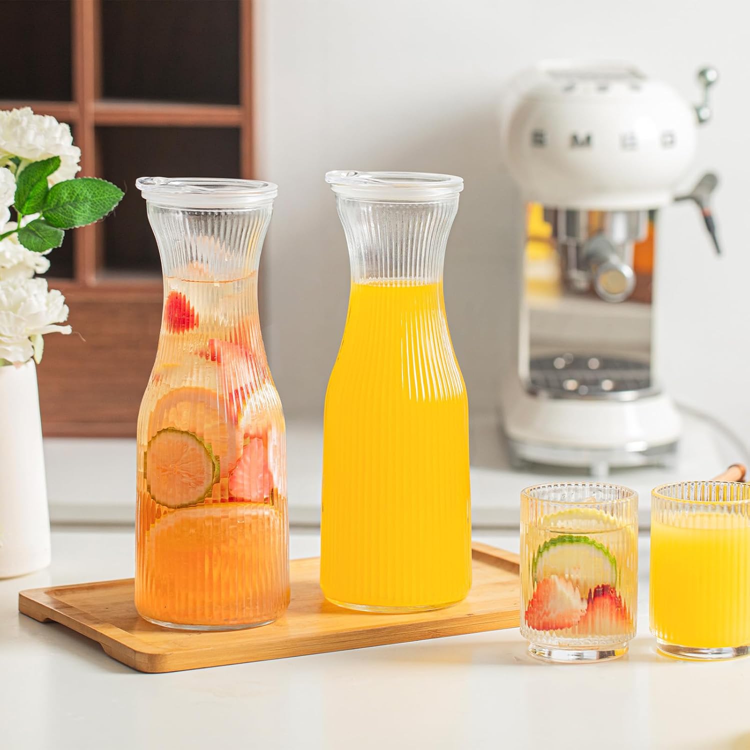 INSETLAN 1 Liter Glass Carafe with Lid, Set of 4- Juice Carafe for Mimosa Bar, Brunch,Parties, Beverage Serveware,Cold Brew Coffee, Juice, Milk, Iced Tea, Lemonade -Includes 4 Wooden Chalkboards - Image 9