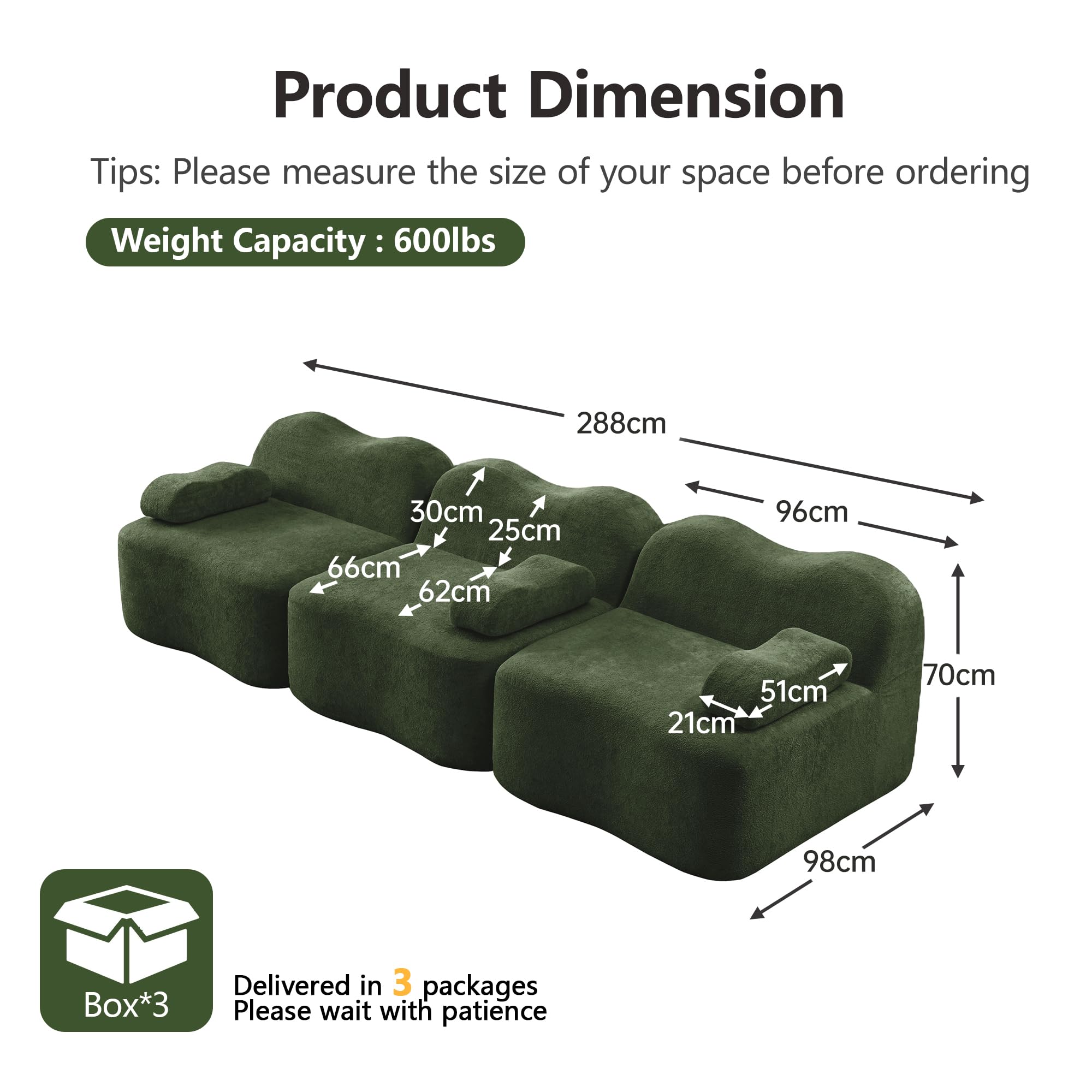 Boneless Sofa 3 Sitzer, Modulares Cloud Sofa ohne Aufbau, Wellenform, 32D Schaum, Tiefe Sitzfläche, Bewegliches Armkissen, für Wohnzimmer, Grün