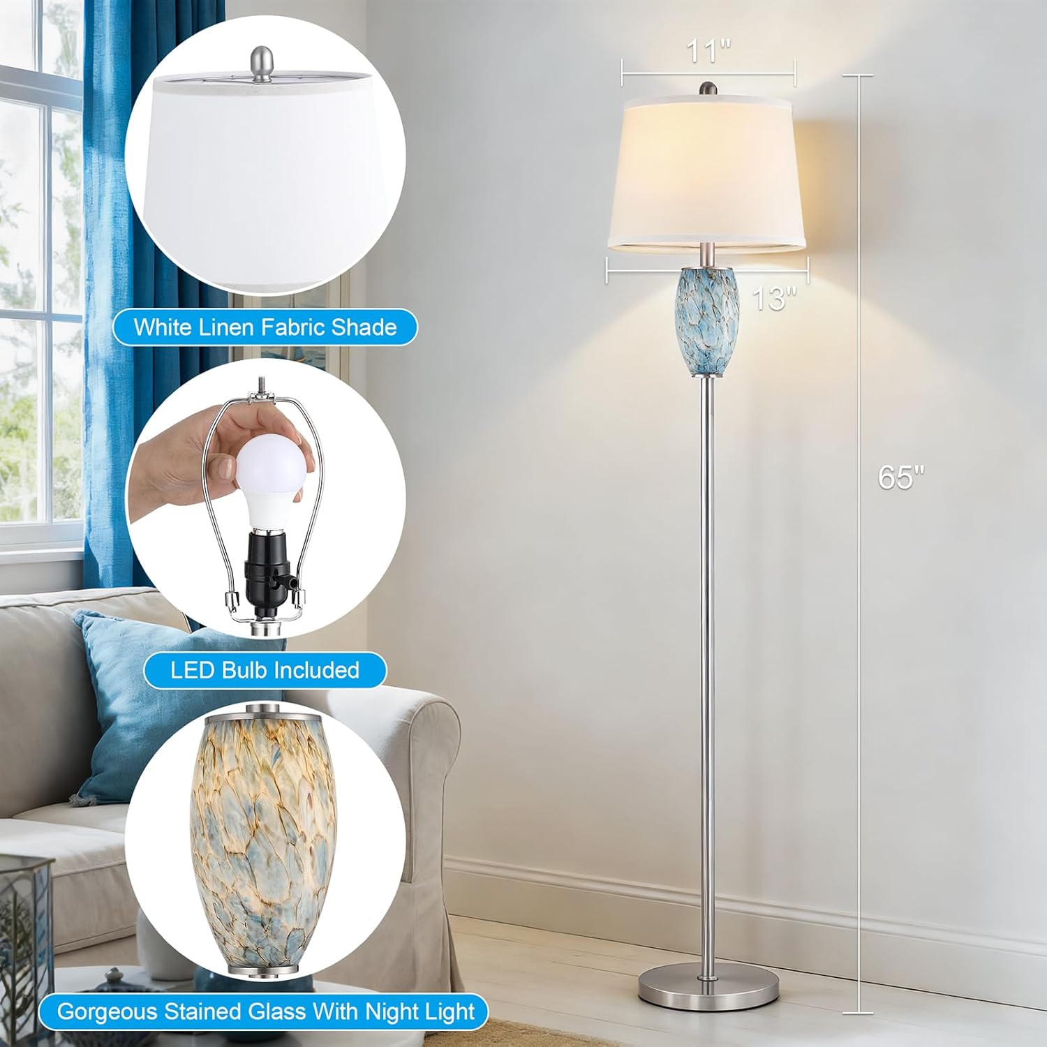 Modern Floor Lamp for Living Room, Bedroom, Stained Glass Coastal Lamp for Living Room Decor, Mid Century 65" Tall Standing Lamp with Nightlight, Corner Stand Up Light (Bulb Included)