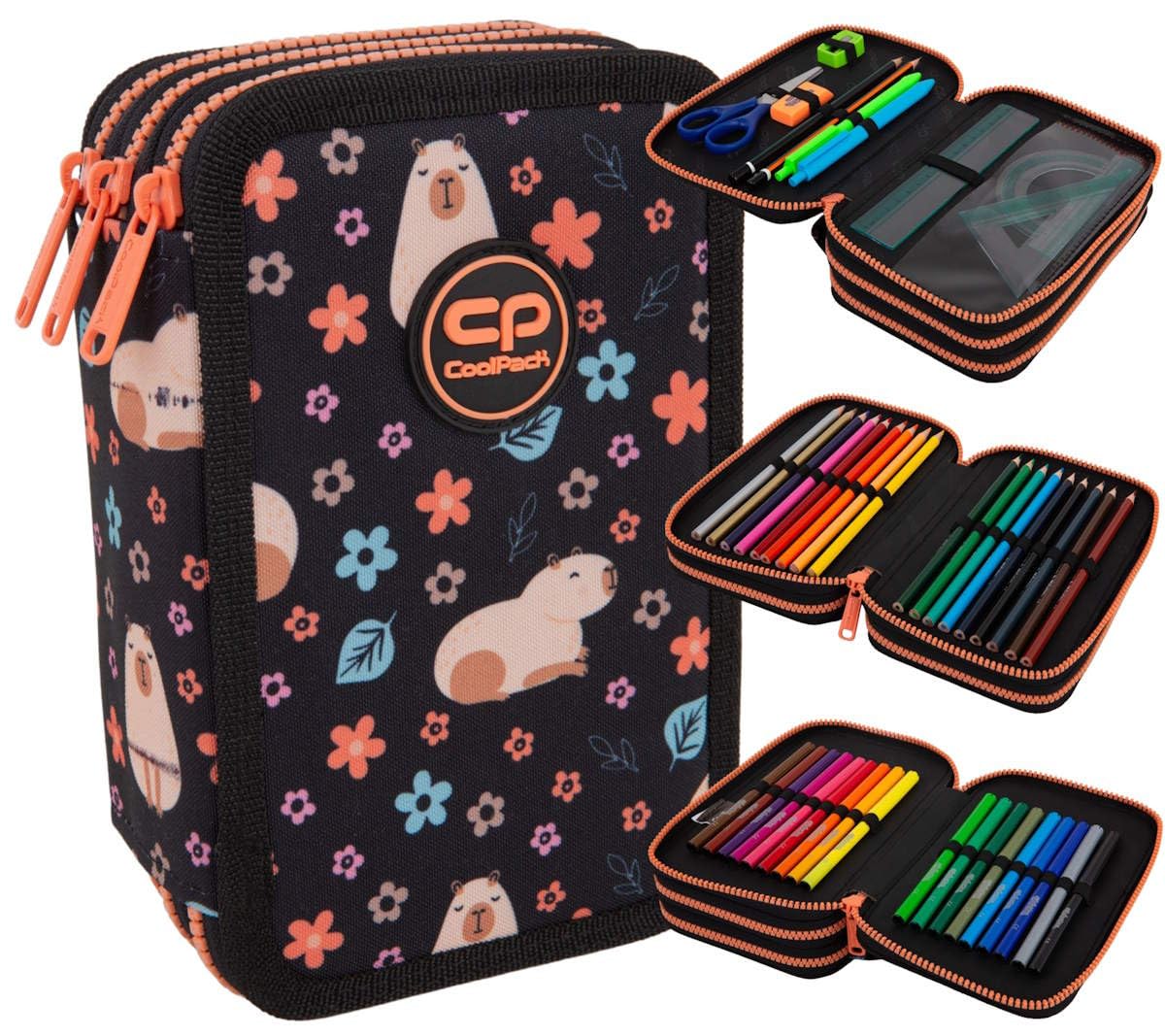CoolPack Capybara - Astuccio XXL a 3 scomparti per la scuola, a 3 livelli, per ragazze, ragazzi, 44 pezzi, Multicolore., Astuccio