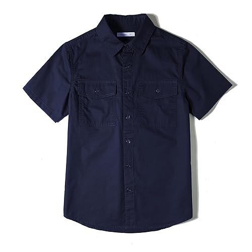 Tronjori Boys Short Sleeve Button Down Casual Woven Shirt Two Pockets - 6 - Navy