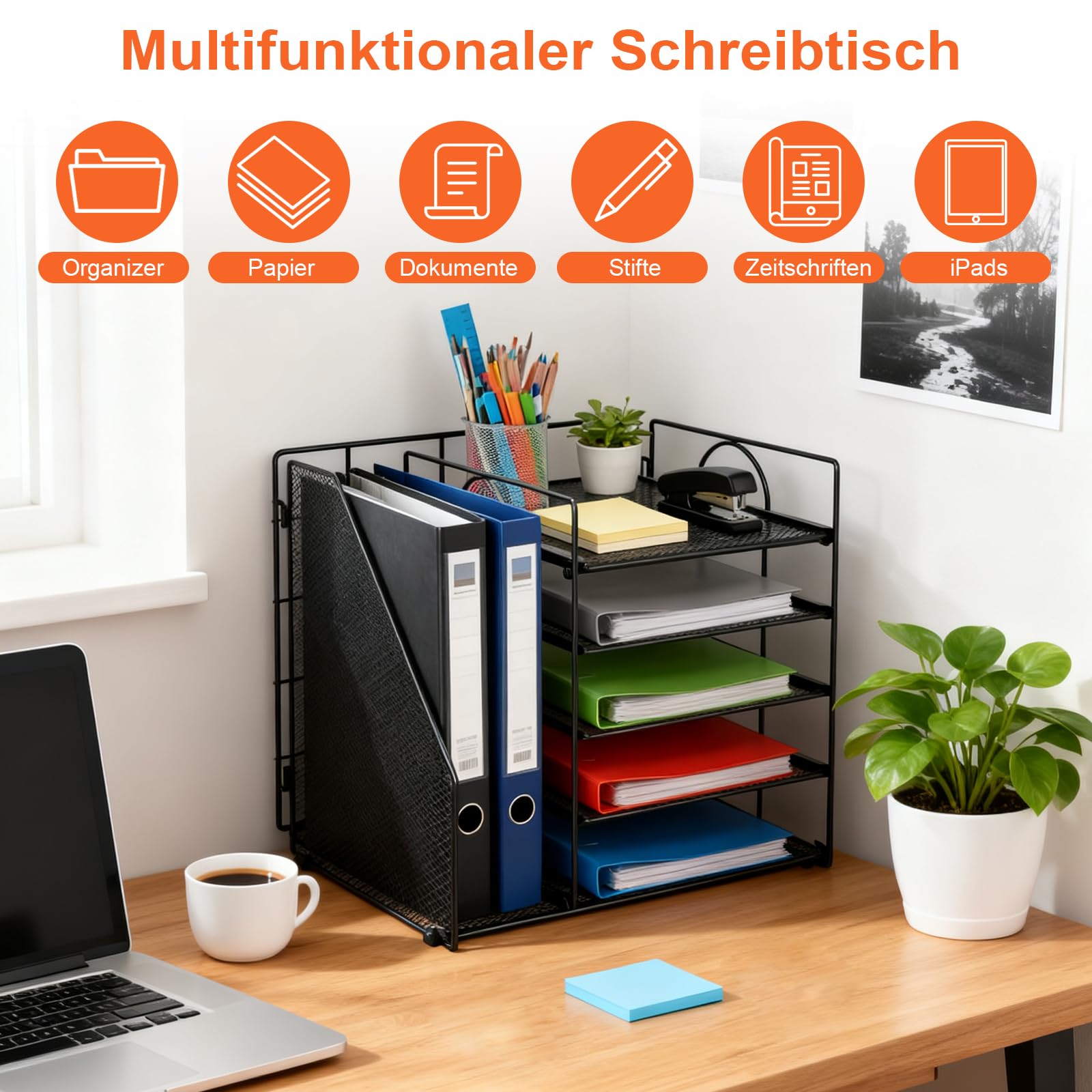 Voency Schreibtisch Organizer mit Aktenhalter, 5 Ebenen Papier Briefablage, Metall Schreibtisch Netz Ablagefächer Organizer für Arbeitszimmer Schule Office Möbel Büro Bedarf Schwarz