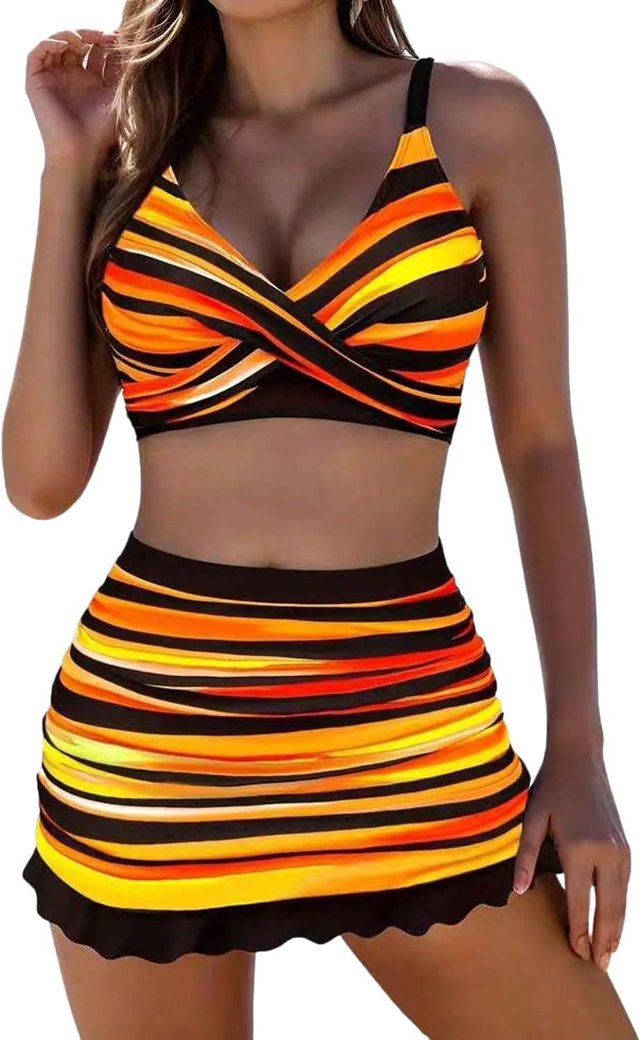 SOLY HUX Women's 3 Piece Swimsuit Colorful Striped Twist Front Bikini Set Bathing Suit with Cover Up Skirt