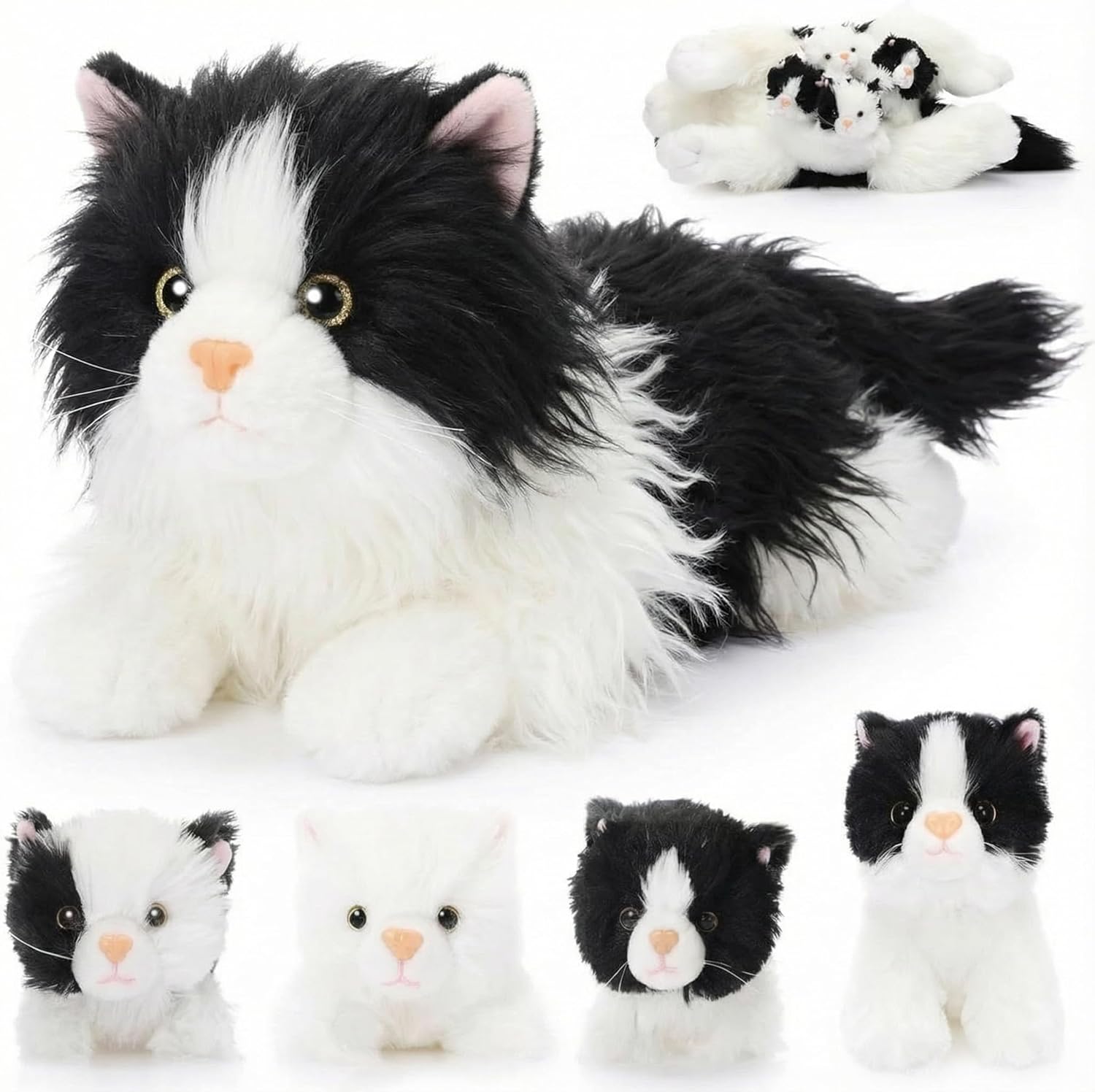 HyDren 5 Pcs Realistic Ragdoll Cat Stuffed Animal, 17.75 Inches Large Ragdoll Cat Mommy Plush with 4 Cute Babies Soft Plush Kittens Set for Girls Boys Birthday Party Favors (Grey,White,Brown)