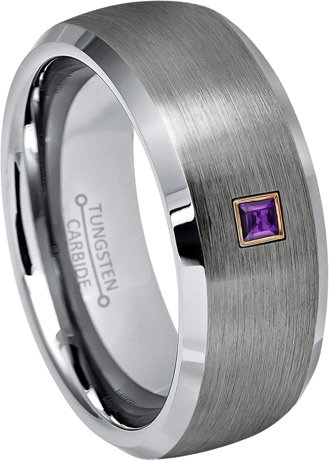 Mens Semi-Dome Tungsten Carbide Wedding Band with 0.05ctw - 0.10ctw Princess Cut Amethyst Tungsten Ring - Brushed Beveled Edge Comfort Fit Tungsten Anniversary Ring
