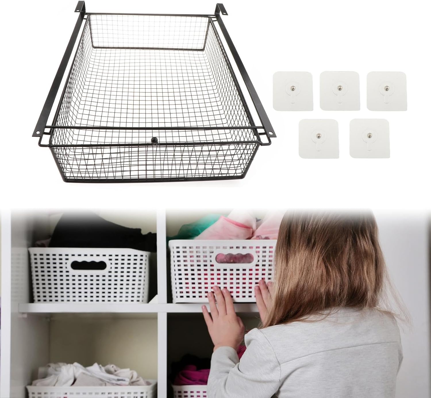 Under Cabinet Storage Shelf Hanging Under Desk Box Style Under Desk Organizer Drawer for Living Room Kitchen Clothes, Black