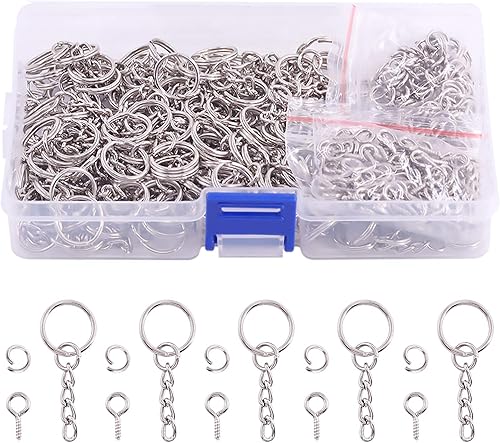 Swpeet Juego de 450 llaveros plateados de 35 de pulgada y 0.591 in, incluye 150 anillos de llavero con cadena y 150 anillos de salto con 150 pines