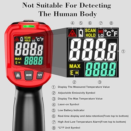 Miniatura 9 de FKM Pistola de termómetro infrarrojo, pistola de temperatura láser sin contacto para industrial, HVAC, motor, cocina de cocina, pistola de
