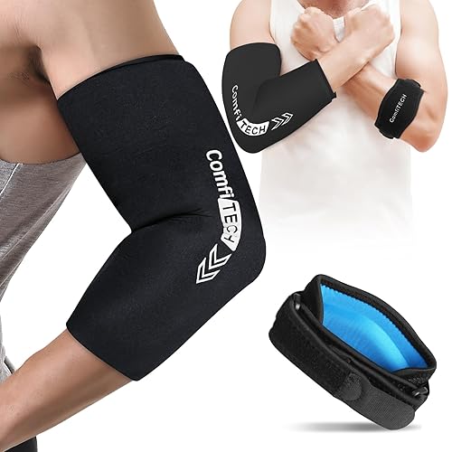 Comfitech Combo de correa para codo y bolsa de hielo para hombres y mujeres, manga fría para brazo y antebrazo, grande