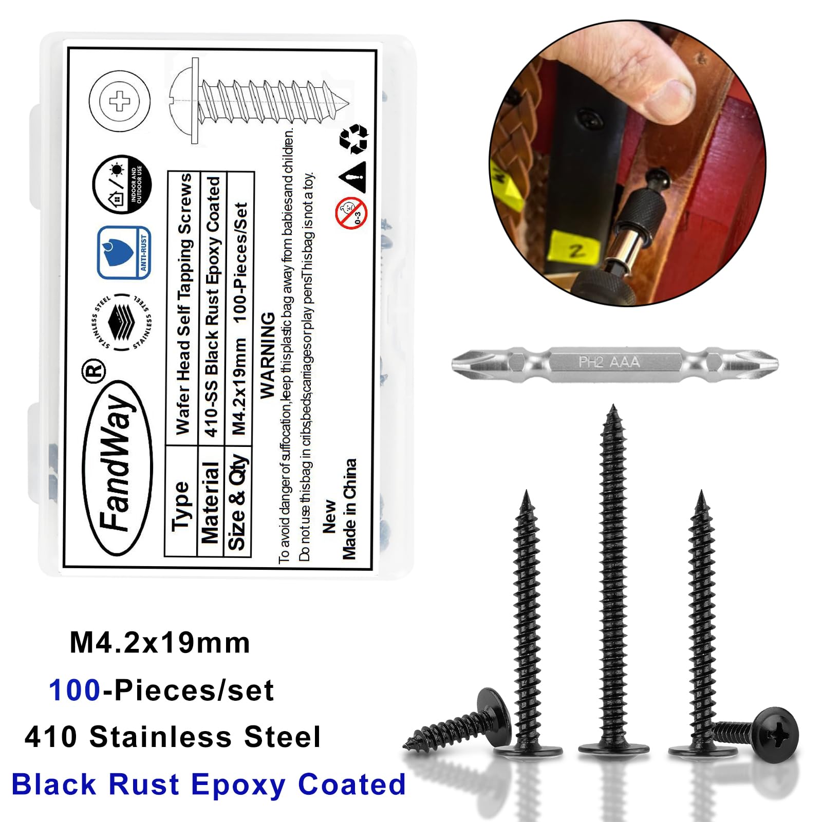 FandWay M4.2x19mm Wafer Head Self Tapping Screws,100Pcs Truss Head Self Drilling Screws,410 Stainless Steel Wood Screw,Black Rust Epoxy Coated Sheet Metal Screw for Aluminum Wood Plastics - Image 2