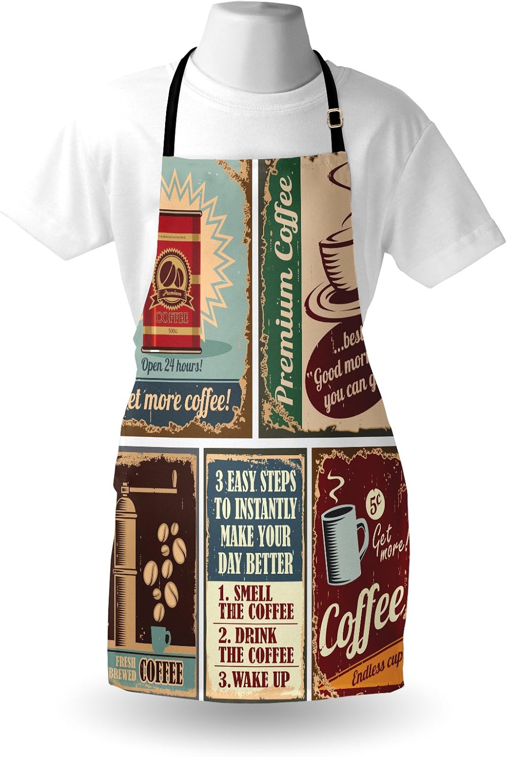 Lunarable 1950s Apron, Coffee Posters and Signs Design Bean Cup Espresso Mug Cappuccino Logo Print, Unisex Kitchen Bib with Adjustable Neck for Cooking Gardening, Adult Size, Red Blue