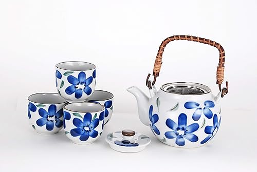 Miniatura 2 de Hinomaru Collection Juego de té de porcelana de estilo japonés de 22 fl oz tetera con mango de ratán y 4 tazas de té de acero inoxidable (flor azul)