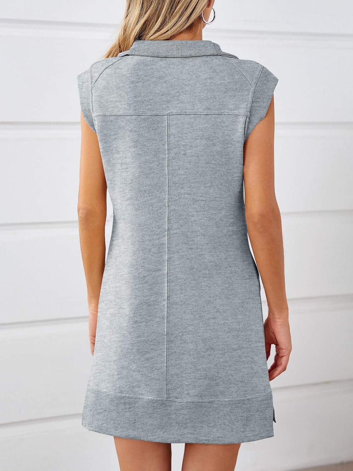 Fisoew Womens Summer Half Zip Sweatshirt Dresses V Neck Collared Sleeveless Workout Tunic Mini Dress - Image 2