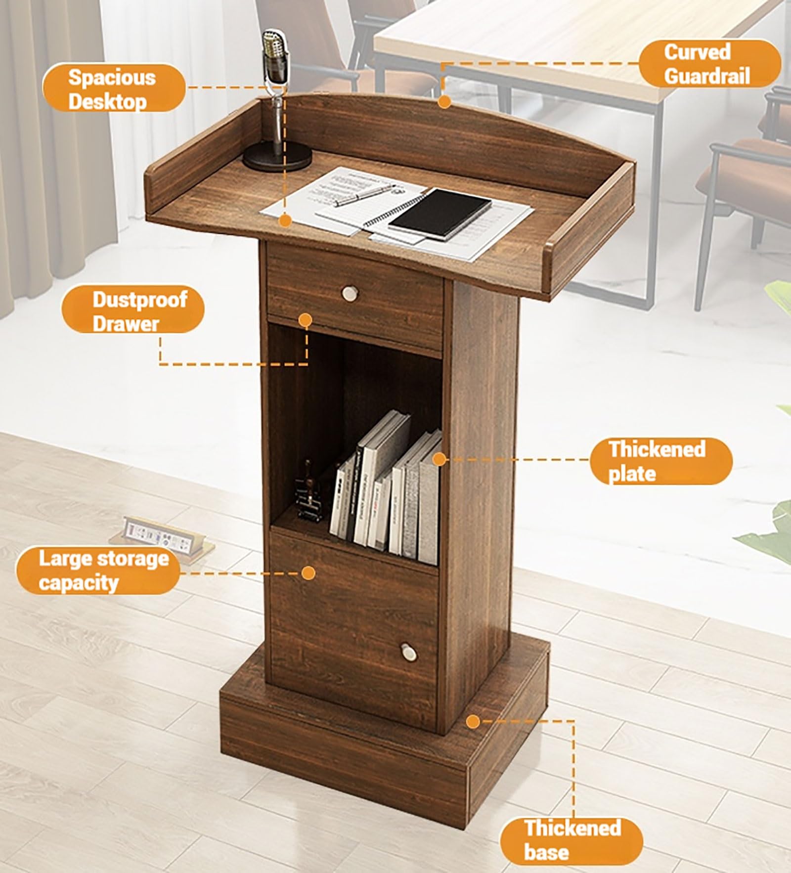 Générique Pupitre Portable en Bois avec Base Lourde pour présentations, conférences, événements Scolaires et Professionnels, Design élégant en chêne Sauvage pour Un Usage