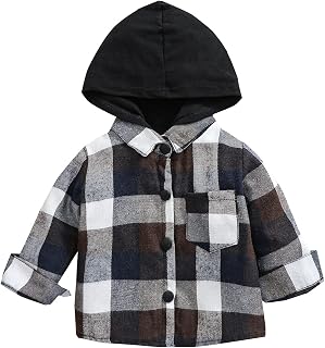Kids Little Boys Girls Baby Long Sleeve Button Down Hooded Plaid Shirt Red Plaid Flannel Outfits