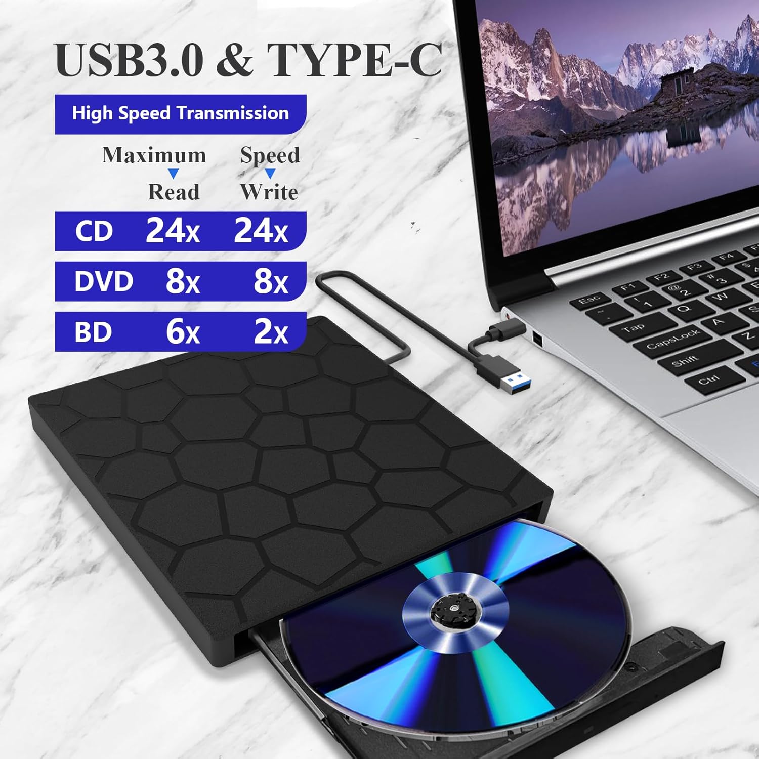 External Compatible Blur ay Drive USB 3.0 Type-C DVD/BD Player Read/Write for Laptop Windows PC Mac MacBook Desktop