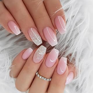 Light Pink Press on Nails Short Coffin Fake Nails Bling Nails Press ons with Silver Glitter Designs Gradient Glue on Nails Full Cover Acrylic Nails for Women 24 Pcs