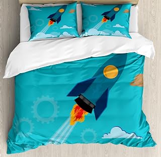 Lunarable Shuttle Duvet Cover Sets, Spaceship Blasting Off into Space Stars Planets The Moon and Stars, Bedding Set with 2 Duvet Covers & 4 Pillowcases, 2 Pack Queen Size, Dark Seafoam Multicolor